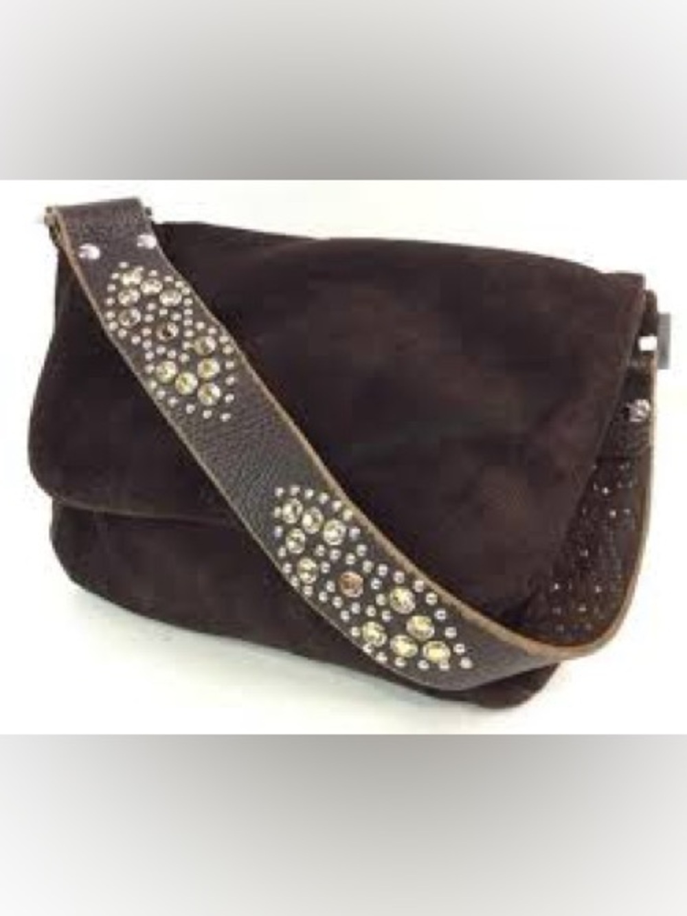 Vintage Tylie Malibu Chocolate Brown Suede Flap Shoulder Bag Crystal Studded